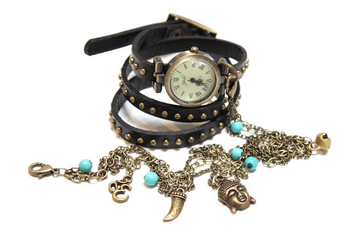 BOHO TIME-Handmade BLACK Leather Wrapped multi chains Watch Bracelet/Vintage style/Bohemian/statement piece/Buddhist inspired