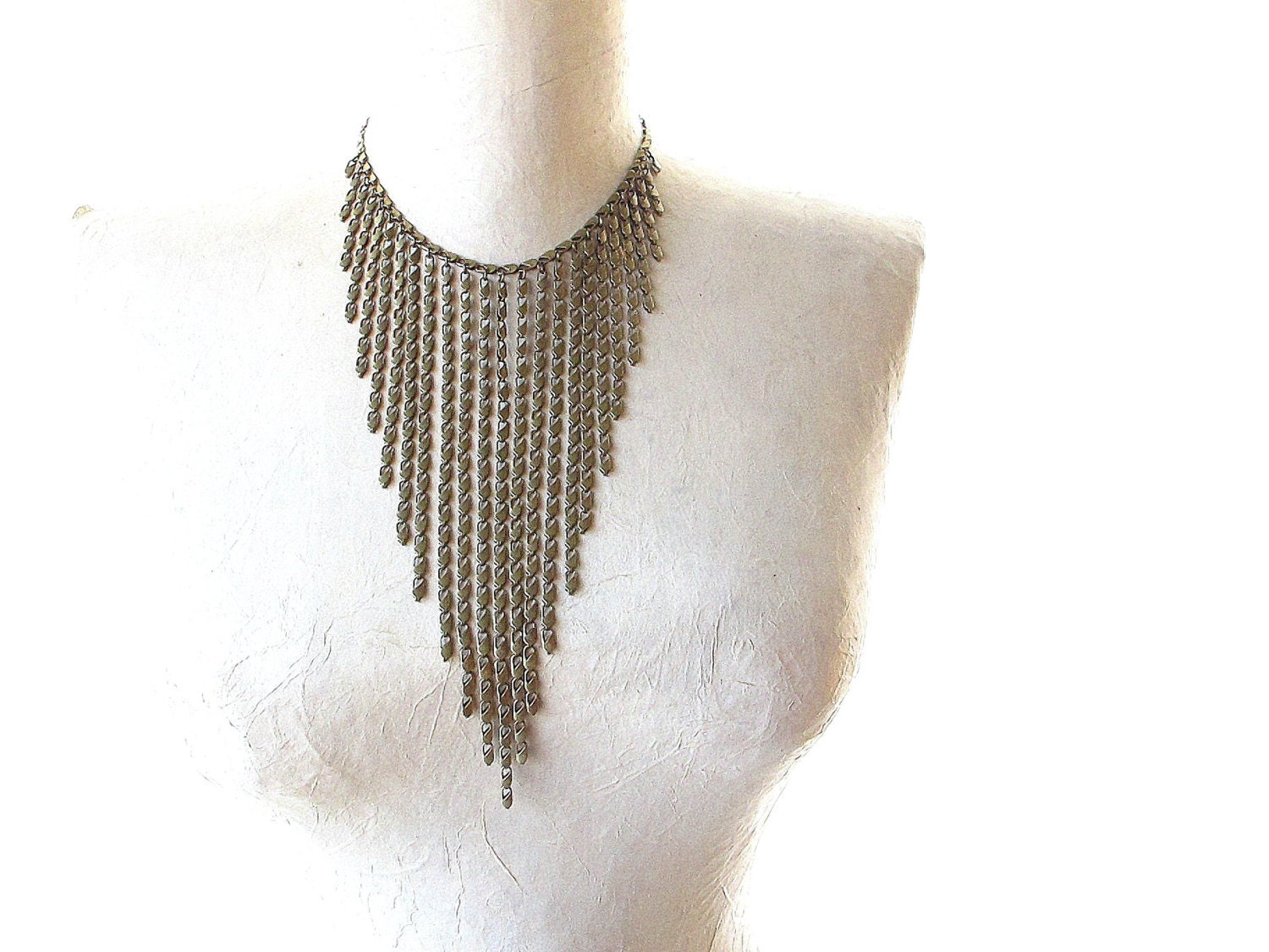 Fringe Bib Necklace: Water Drop, Chain Fall, Antique Brass Tone, Metal