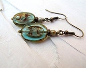 Rustic Clear Blue  Earrings: Czech Glass, Ovals, Transclucent, Antique Brass Tone