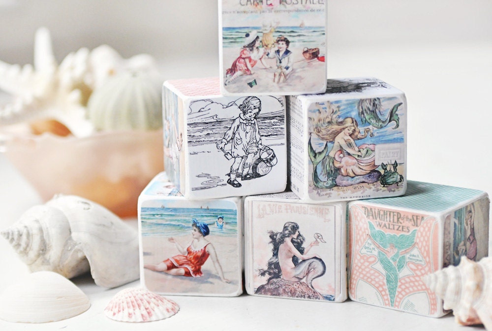 Wooden Decorative Blocks Vintage Bathing Beauties and Mermaids