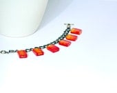 50% off - Glass Chain Charm Bracelet, Orange Glass Beads, Double Layer Brass Chain, Toggle Clasp