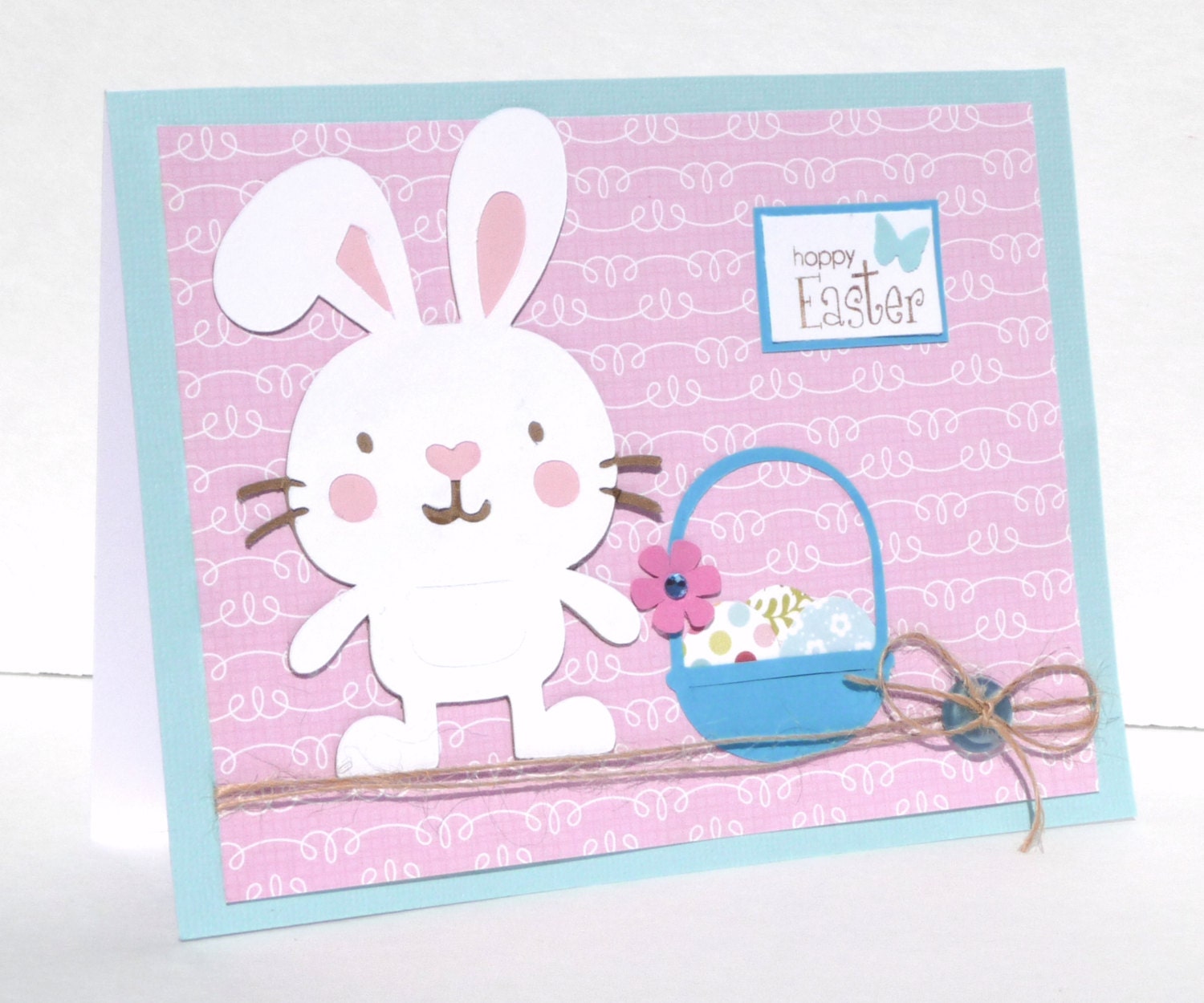 Happy Easter with Bunny and Blue Basket Greeting Card - Handmade Paper Card