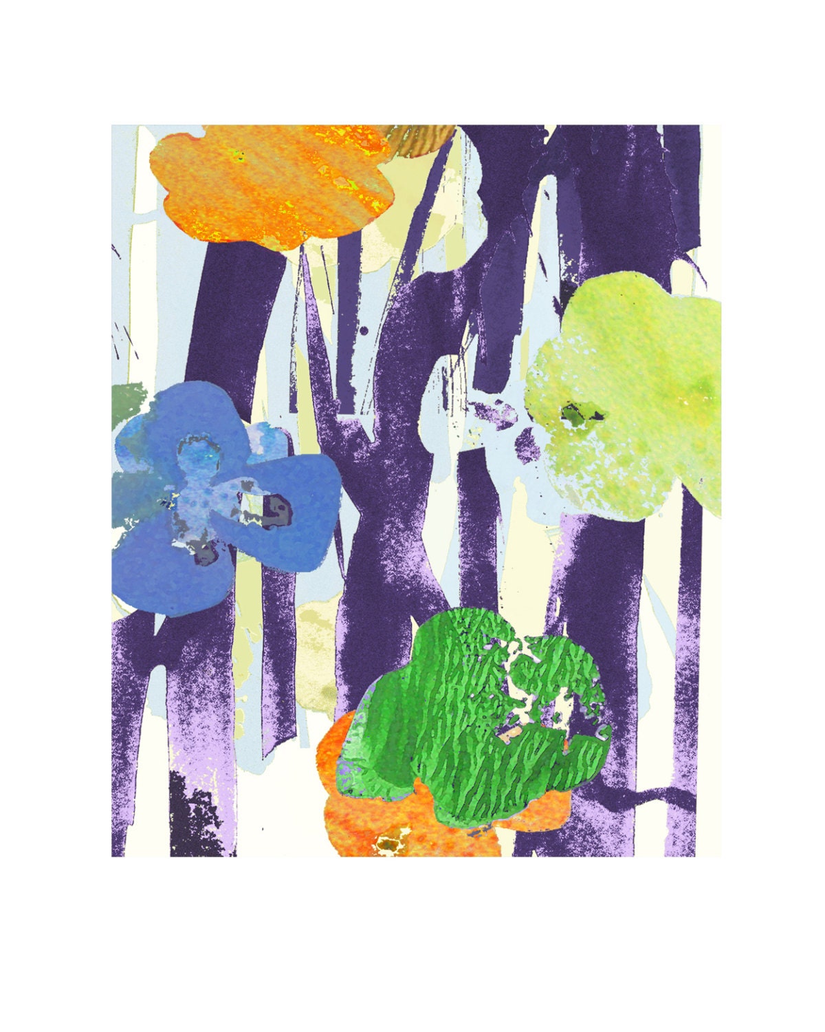 Blue green yellow flowers giclee print  floral home decor 8x10" series mother's day  mom rainbow