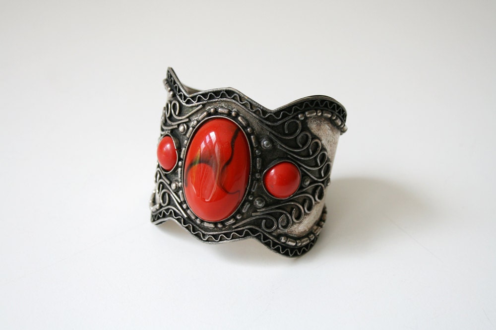 Red Cuff Silver Bracelet