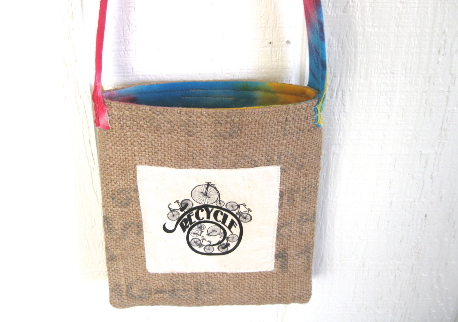 Rainbow. Tie Dye. Eco Friendly. Upcycled Burlap. Tshirt. Sling Bag. Earth Day. Spring Fashion. Bicycle. For Her. Mothers Day. Gift Idea.