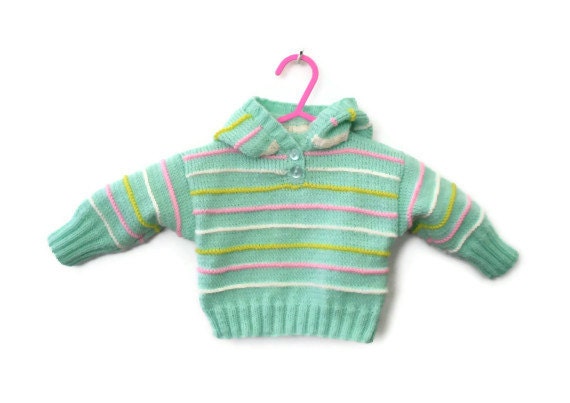 Hooded sweater, handknit, baby girl, baby boy, cute sweater, baby hooded jumper,  stripe hoodie, peppermint twist,