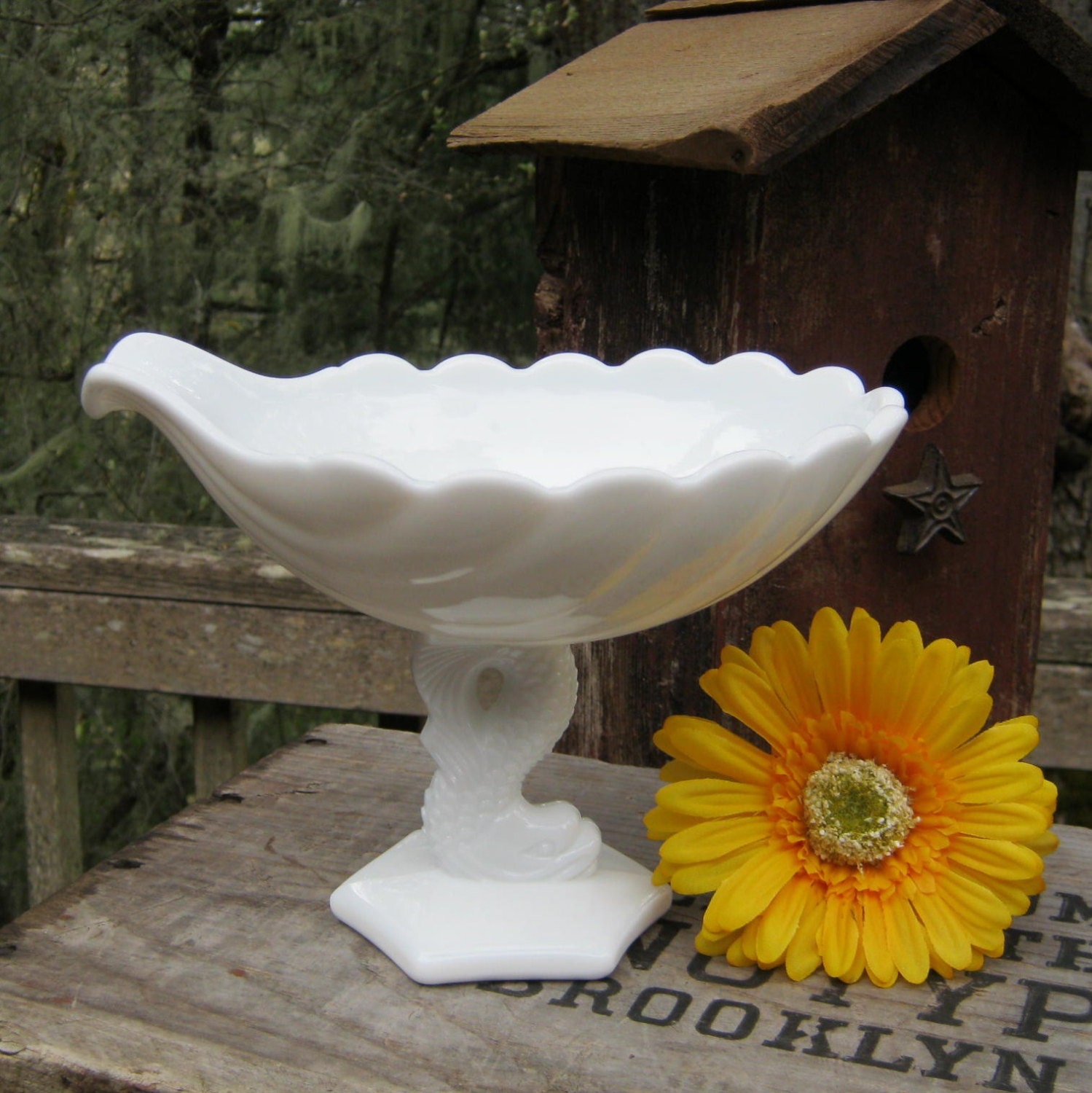 Westmoreland Milk Glass Compote in Shell Dolphin by oakhillvintage