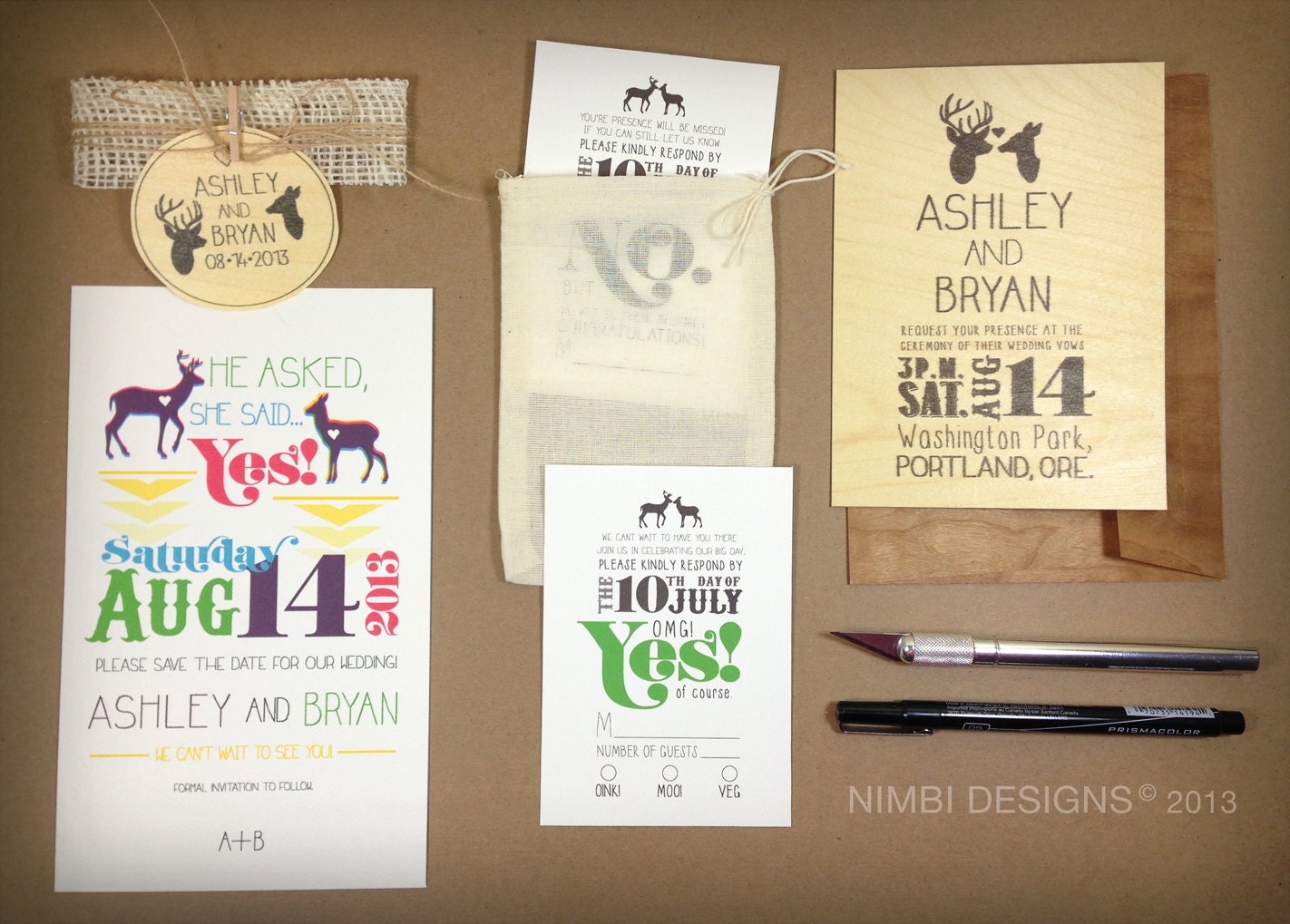 DEER LOVE, Portland Inspired Rustic Elegant Buck and Doe Wood Wedding Invitations