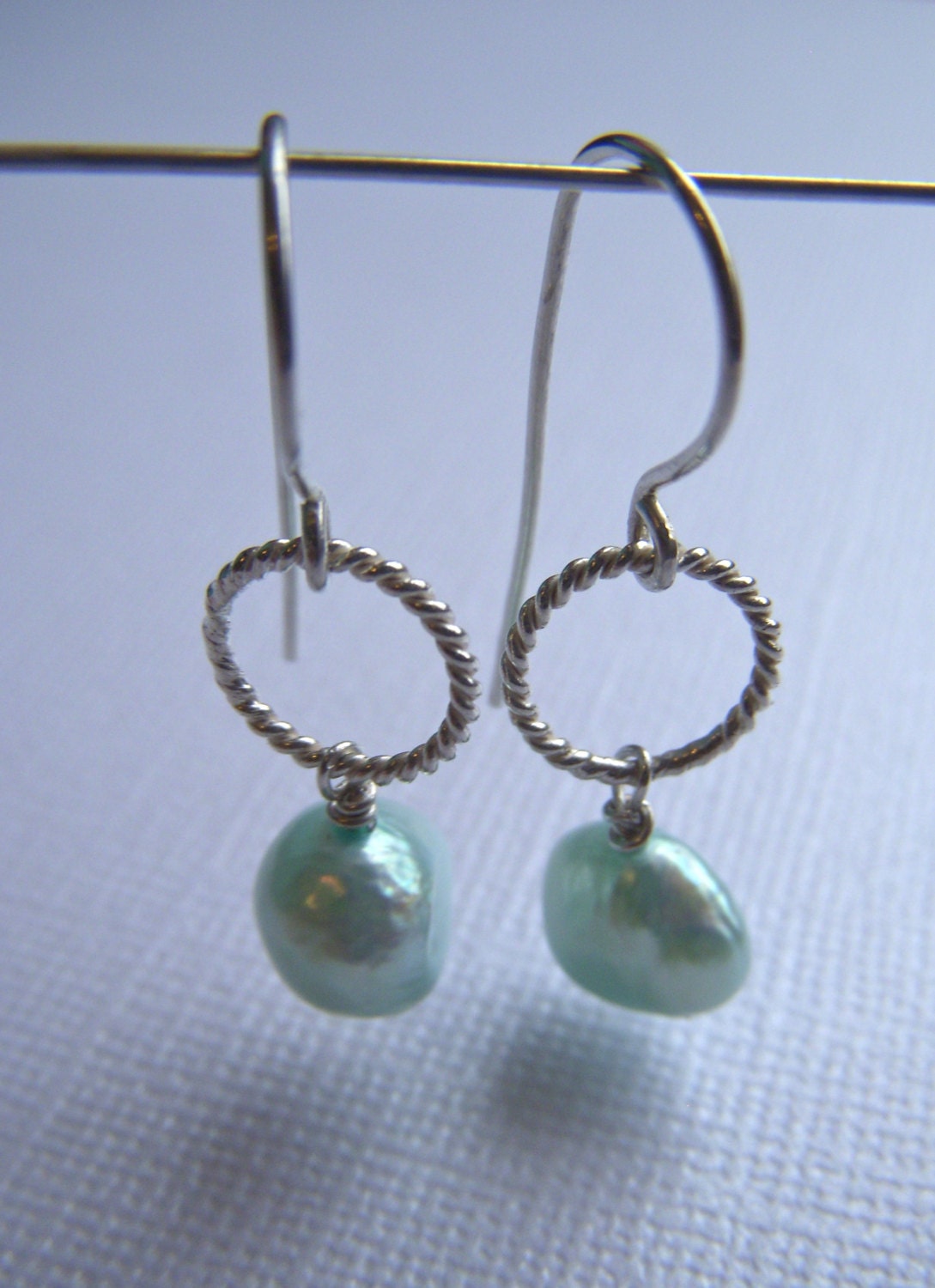 Freshwater Pearl Dangle Earrings, Twisted loops in Sterling Silver