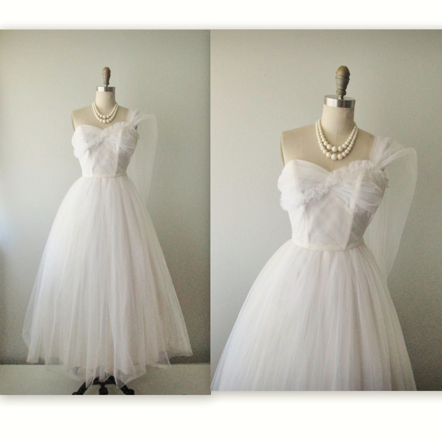 50s Wedding Dress // Vintage 50s Strapless White Tulle Wedding Dress Gown XS