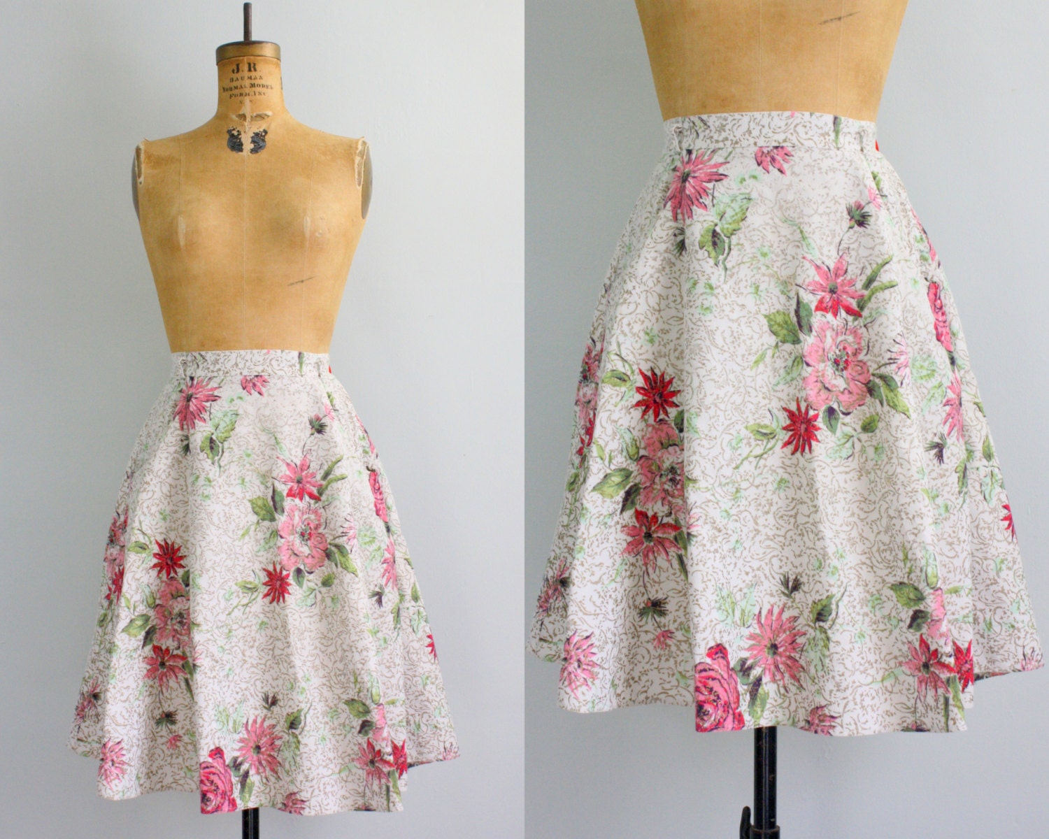 50s full skirt / 1950s rose print skirt / floral skirt small