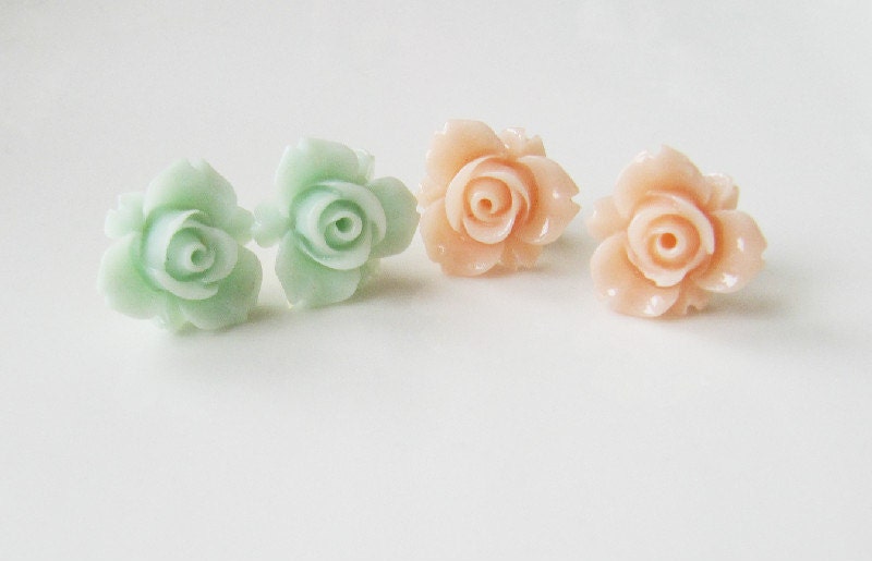2 pairs stud earrings, jewelry, post earrings, peach stud earrings, gift for her, pastel earrings, green stud earrings, romantic jewelry