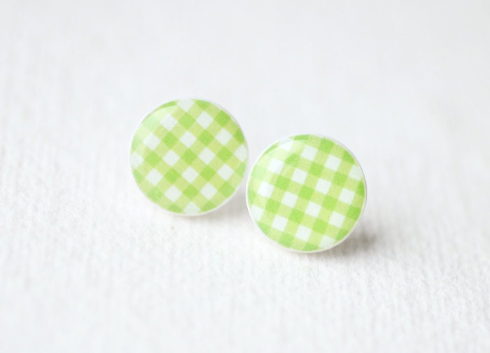 Green and White Plaid Gingham Stud Earrings