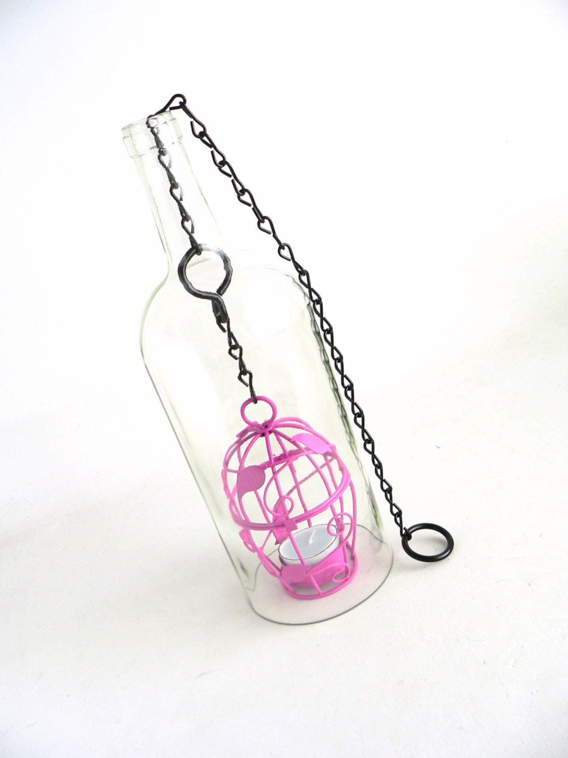 Pink Bird Cage In A Wine Bottle Hanging Hurricane Lantern 1.5L Candle Holder