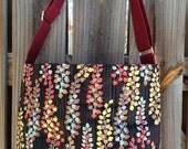 On Sale Tote Bag / Diaper Bag, adjustable strap, zipper closure - red, brown, blue and yellow leaves