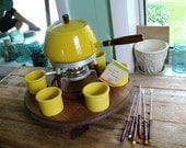 vintage 1970s UNUSED ( biggest and best )  FONDUE SET with awesome lazy susan Eames styling space age