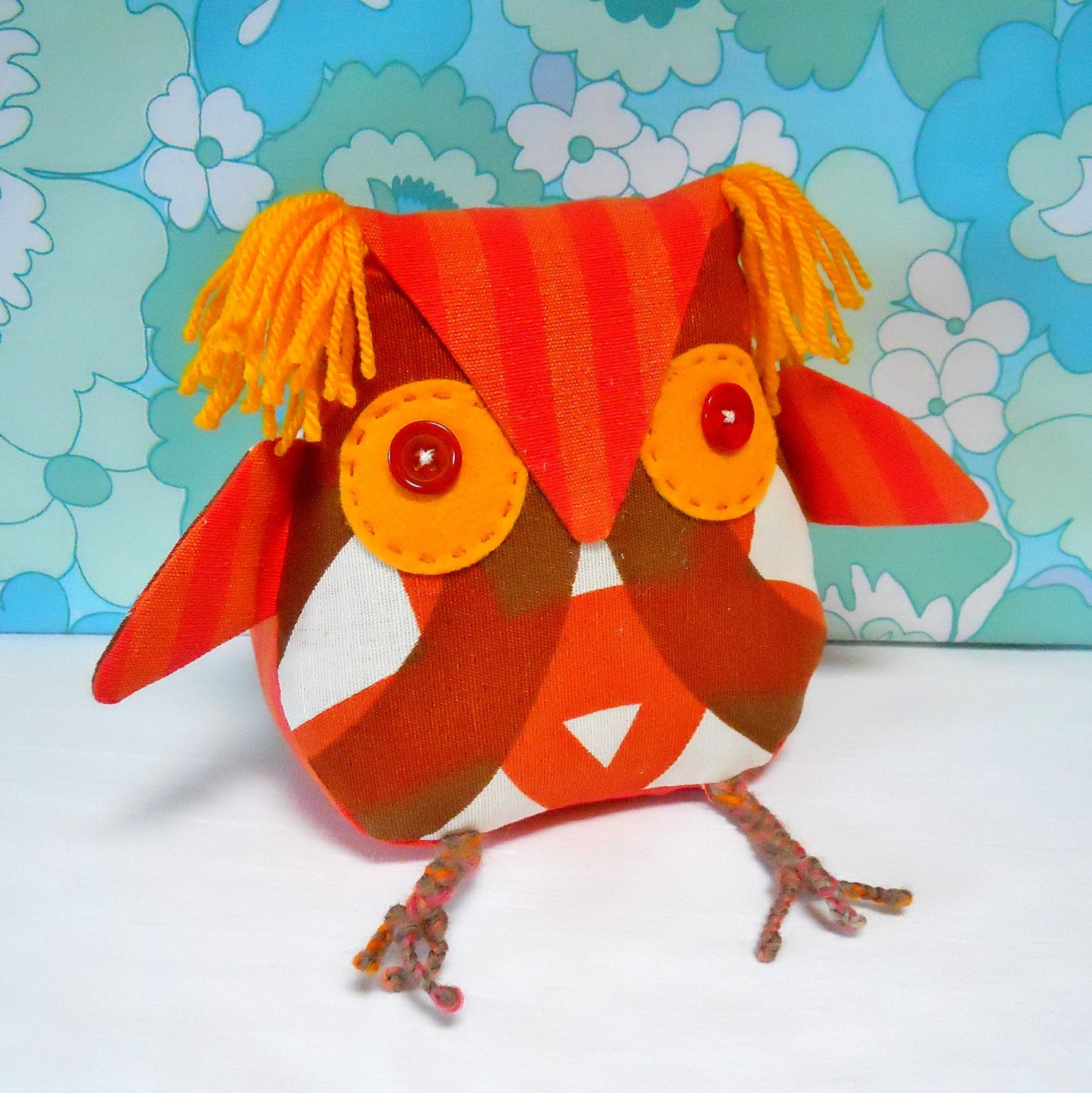 Retro Orange Owl in 70s Swedish Boras Geometric Vintage Fabric