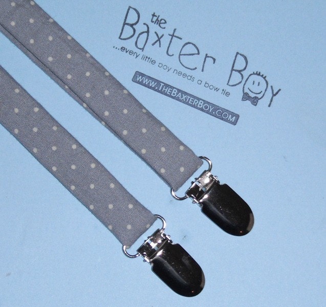 Grey with small white polka dots, little boy suspenders - ring bearer, photo prop, wedding