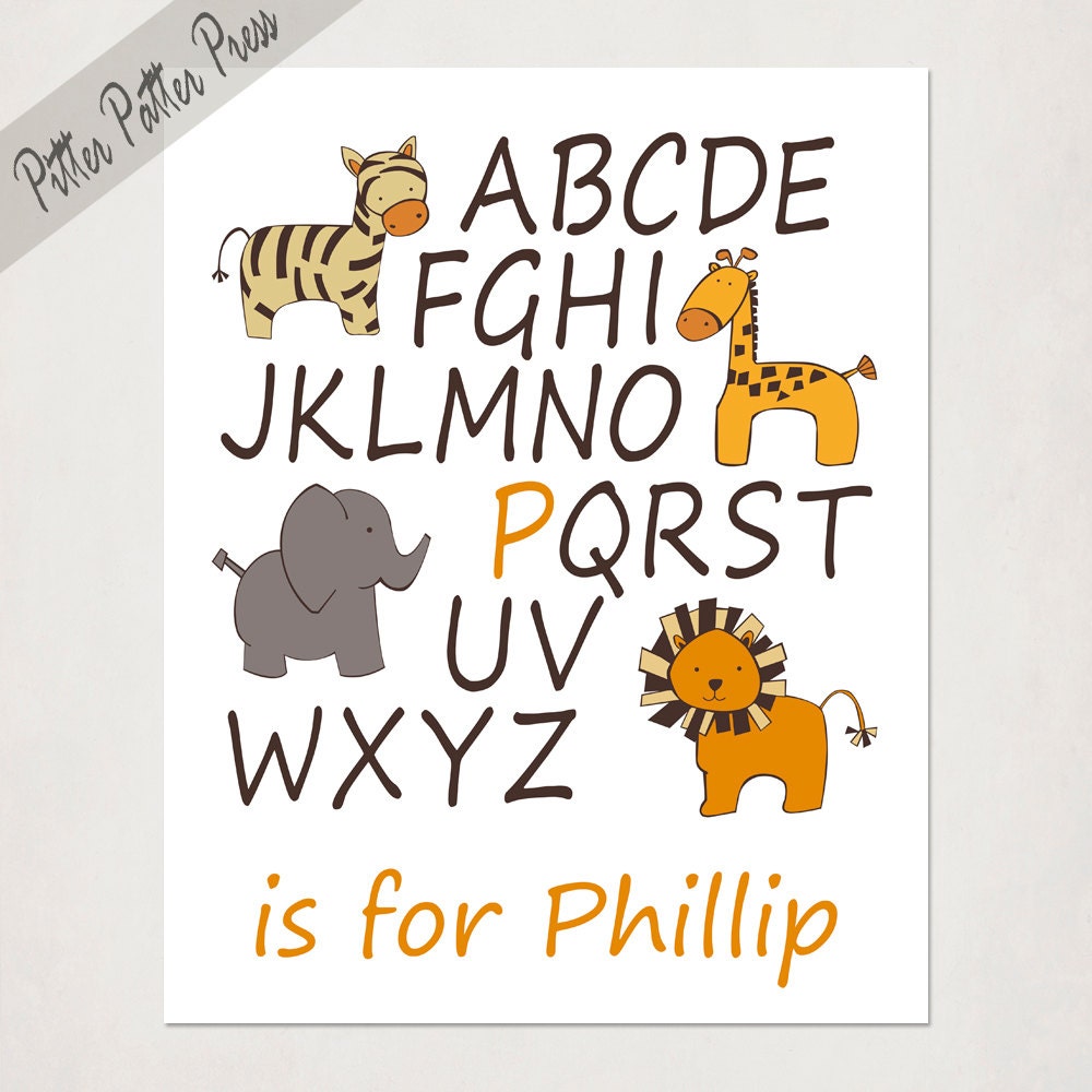 Safari Baby Shower Gift // ABC's with Giraffe Lion Elephant Zebra // Baby Name Print // Jungle Alphabet Poster // yellow brown tan // 8x10