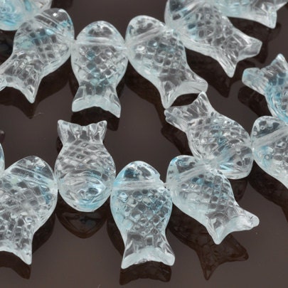 8X10MM FISH BEADS-Pressed Glass-Transluscent Aqua-7.5 Inch Strand