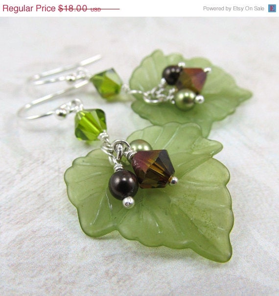 15% OFF Olive Green Cluster Leaf Earrings Silver