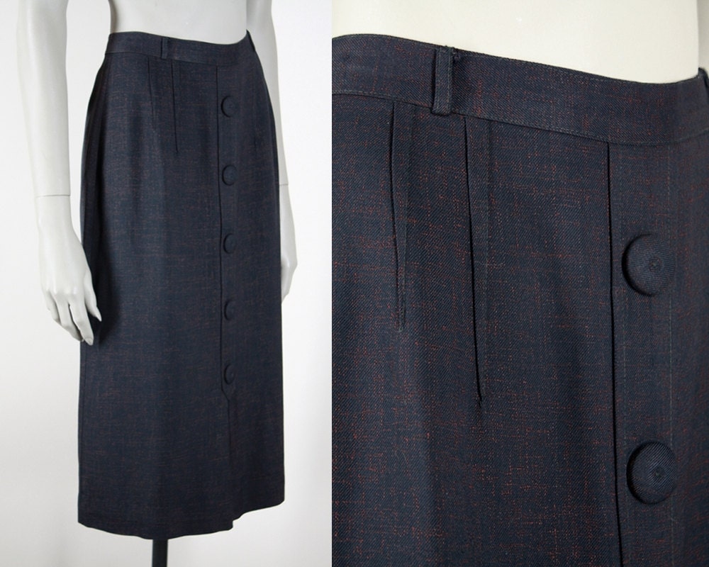 Vintage 1940s Skirt : 40s Flecked Navy Blue Gabardine Suit Skirt M