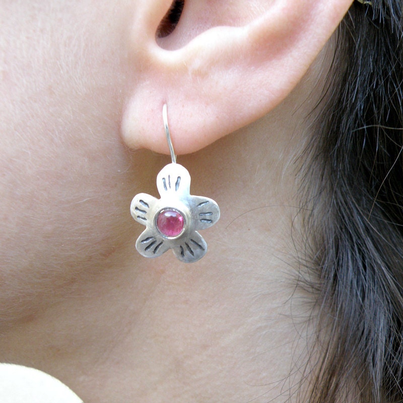 Pink Tourmaline Sterling Silver Earrings, Silver Flower Earrings ,Tourmaline Earrings, Gifts For Her, Nature Jewelry