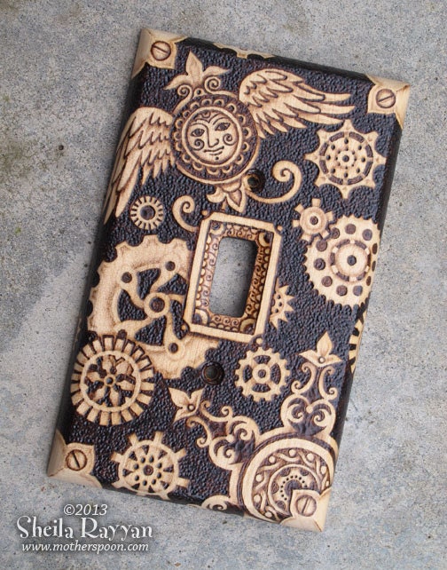 Wood Switch Plate Cover - Steampunk Pyrography