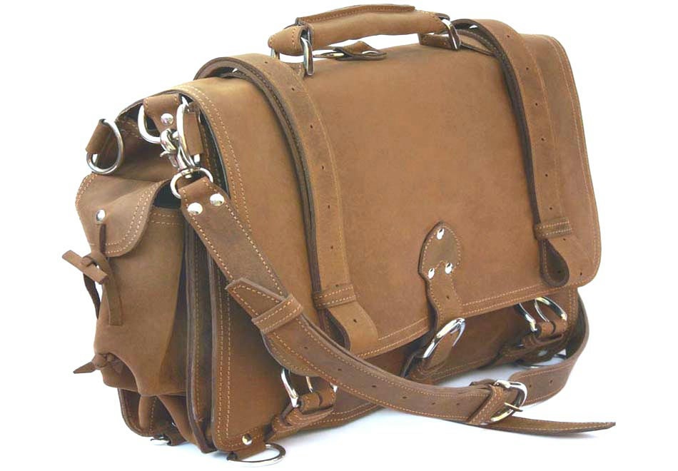 Leather Briefcase Messenger Bag Backpack MEDIUM - Buckskin Tan Distressed, Rugged