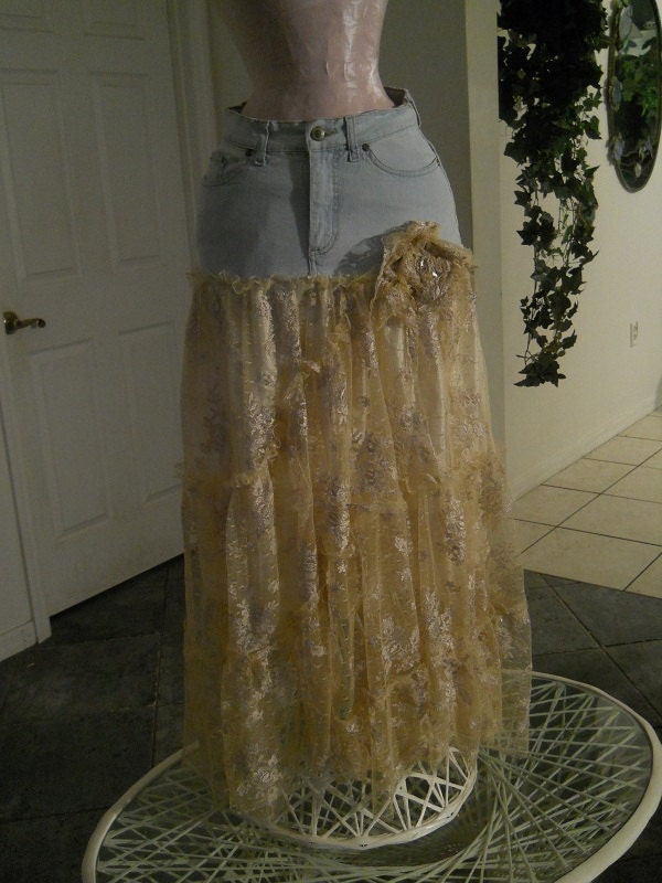 Belle Bohémienne ballroom jean skirt exquisite vintage embroidered French lace ruffled fairy Renaissance Denim Couture  Made to Order