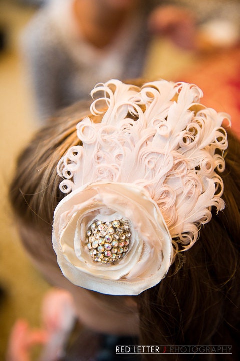 Custom Ivory Vintage Wedding Feather Hair Flower Clip Fascinator