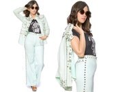 70s Studded Jacket Mint Green Two Piece Suit Pants Outfit Pastel High Waisted Trousers 1970s Rock N Roll Country / Size S Small