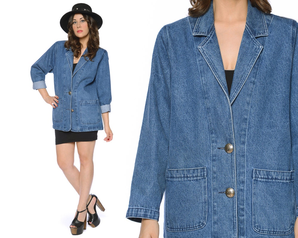 Denim Blazer 80s Western Jean Jacket Oversize Structured 1980s Hipster / Size M Medium