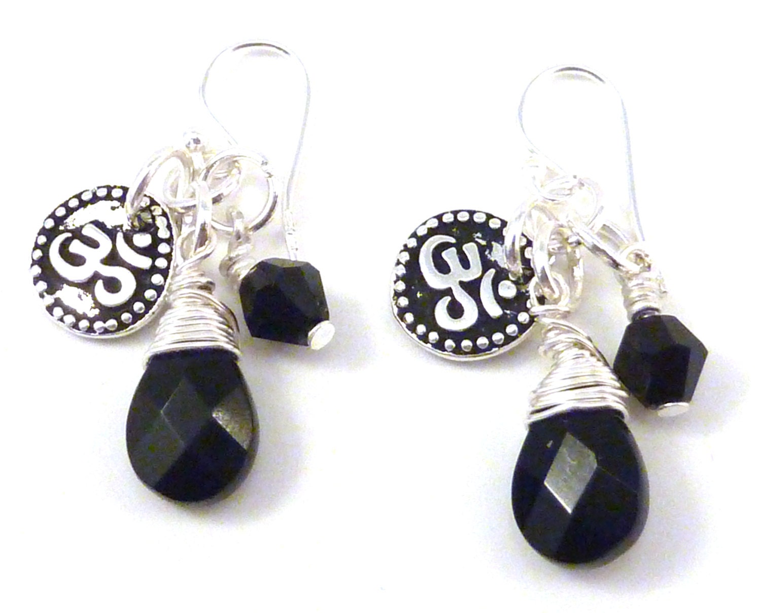 Om Earrings with Wire Wrapped Black Onyx and Swarovksi Crystal, yoga jewelry, yoga earrings, namaste jewelry