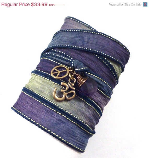 BIRTHDAY SALE Om Silk Wrap Bracelet with Peace Sign and Amethyst, yoga jewelry,silk ribbon bracelet, silk ribbon wrap, yoga bracelet