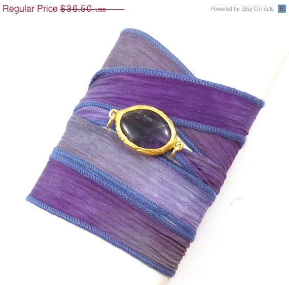 Hand Dyed Silk Wrap Bracelet with Amethyst Connector, yoga jewelry, wrap bracelet, silk ribbon bracelet