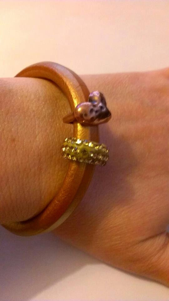 Gold Regaliz Leather with Gold Shamballa Swarovski Bead and Hammered Heart Charm