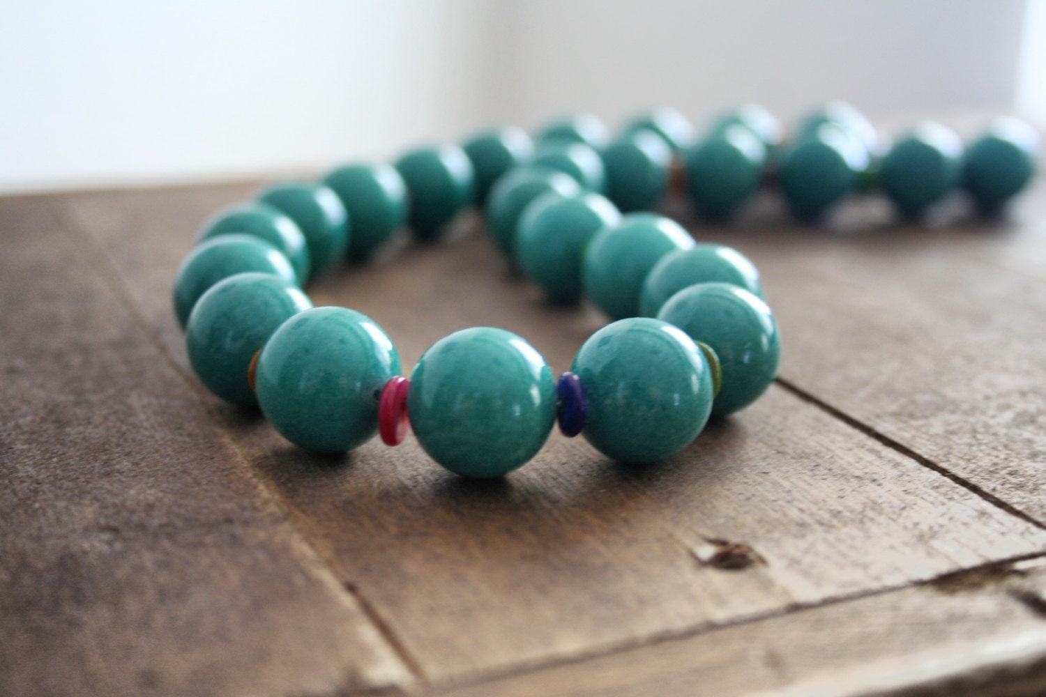 Chunky Teal Necklace, Large Round Tropical Gemstone and Colorful Shell Jewelry