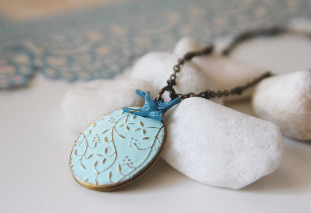 Vintage Floral Locket Necklace.Oval Raised Floral with Blue Bird. Baby Blue. Unique Gift. Bridesmaid Gift. Mother's Day  (LN-20)