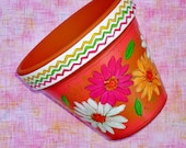 Hand Painted Terra Cotta Pot 6 Inch "Zinnia Fiesta in Pink" Made to Order