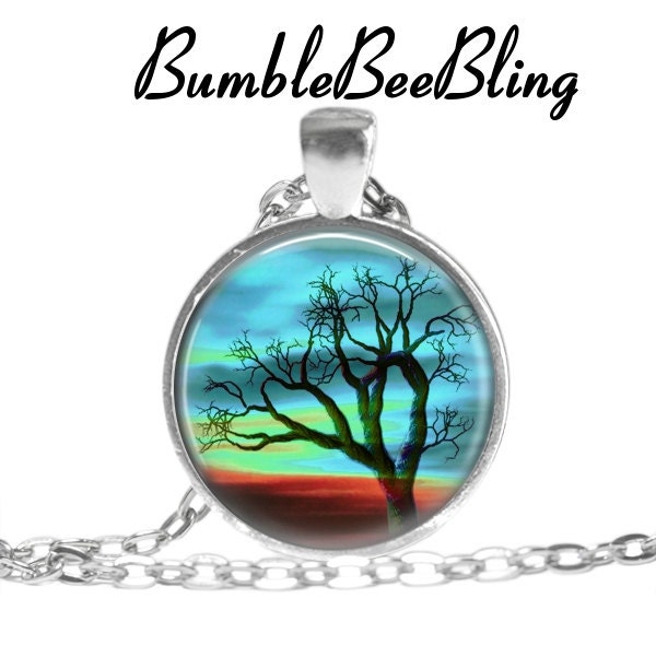Sunset Tree Pendant Necklace - Tree Jewelry - Tree of Life Necklace - Silver Bezel Art Pendant Necklace