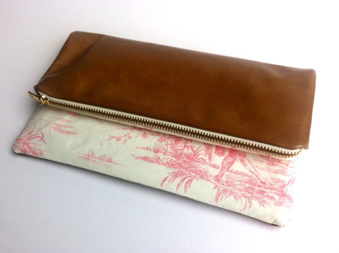 Limited edition clutch bag with vintage style print and tan leather, small