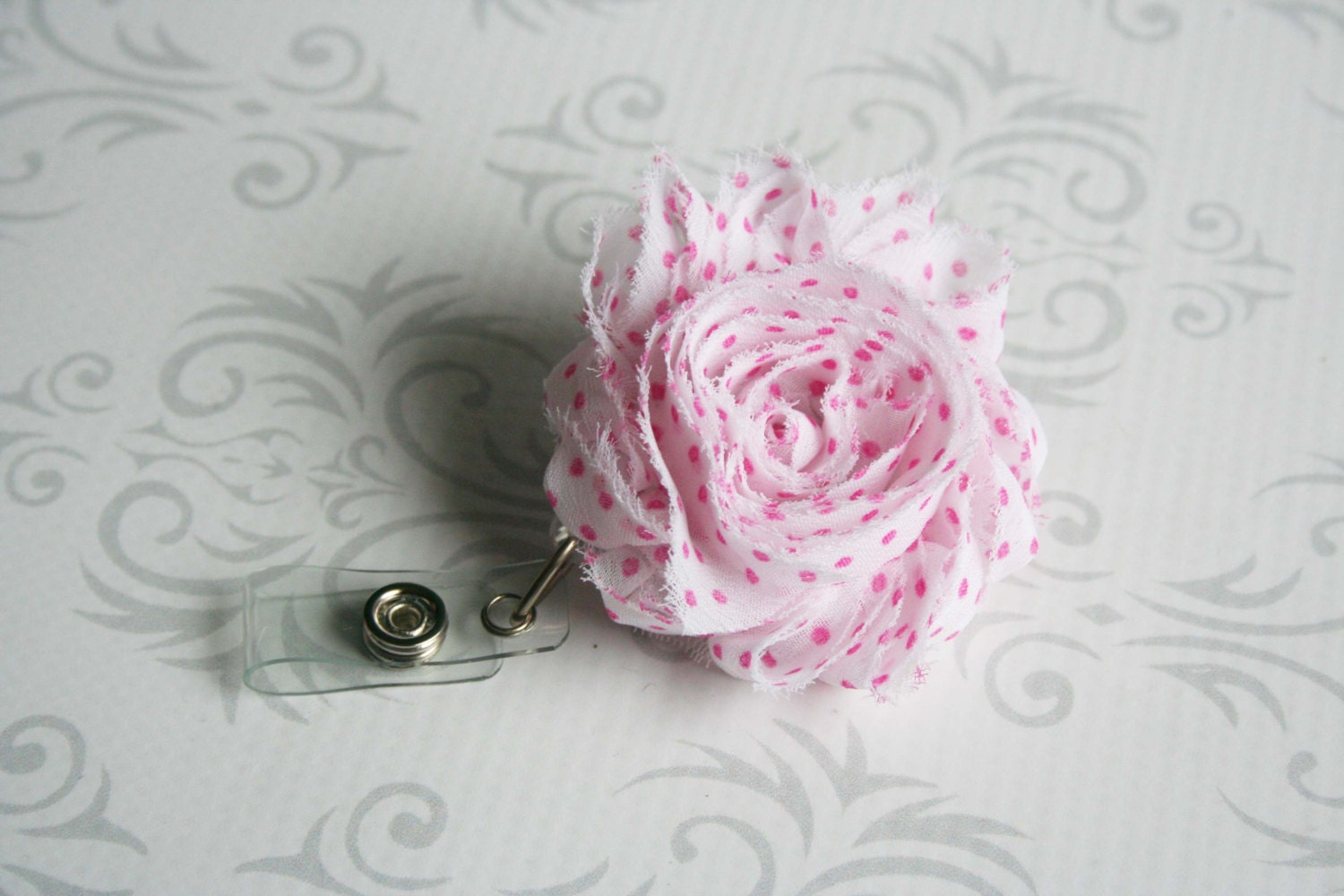 Shabby Chic Flower Retractable Badge / ID  Holder Reel - White with Pink Dots