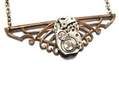 Steampunk Necklace Antiqued Brass Victorian Filigree Charm Finished with A GORGEOUS Jeweled Watch Movement -by Mechanique Steampunk