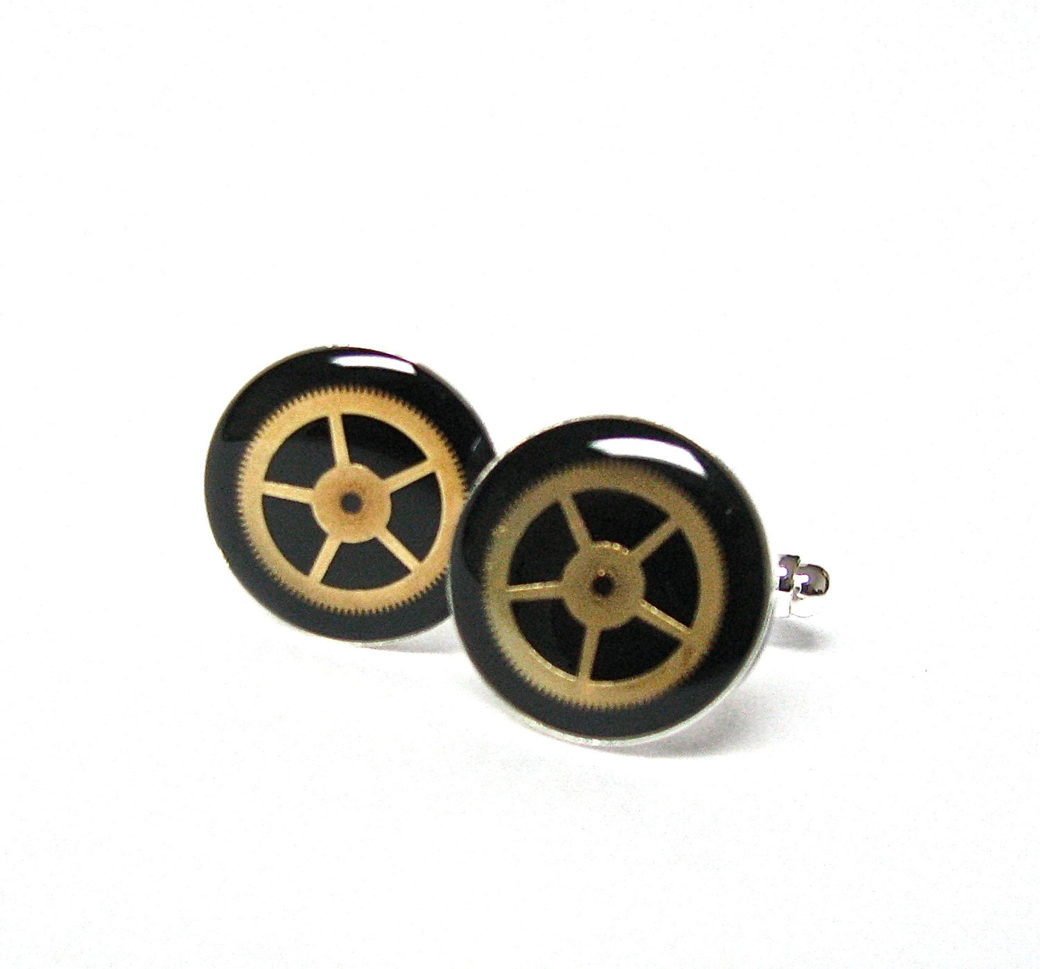 Steampunk Cufflinks Gears with Black Inlay- by Mechanique