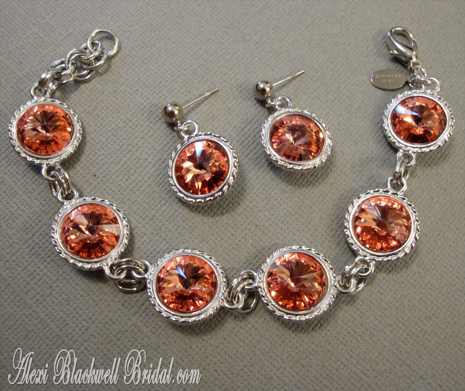 Bridesmaid Bracelet Set with Earrings Swarovski Rosaline Peach Crystal Rivoli Rhinestones in Silver tone Bride Bridesmaid wedding gift gifts