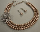 Mother of the Bride Brooch Necklace Set - 3 strands of Swarovski pearls Rhinestone Brooch focal and Earrings wedding bridal jewelry gift