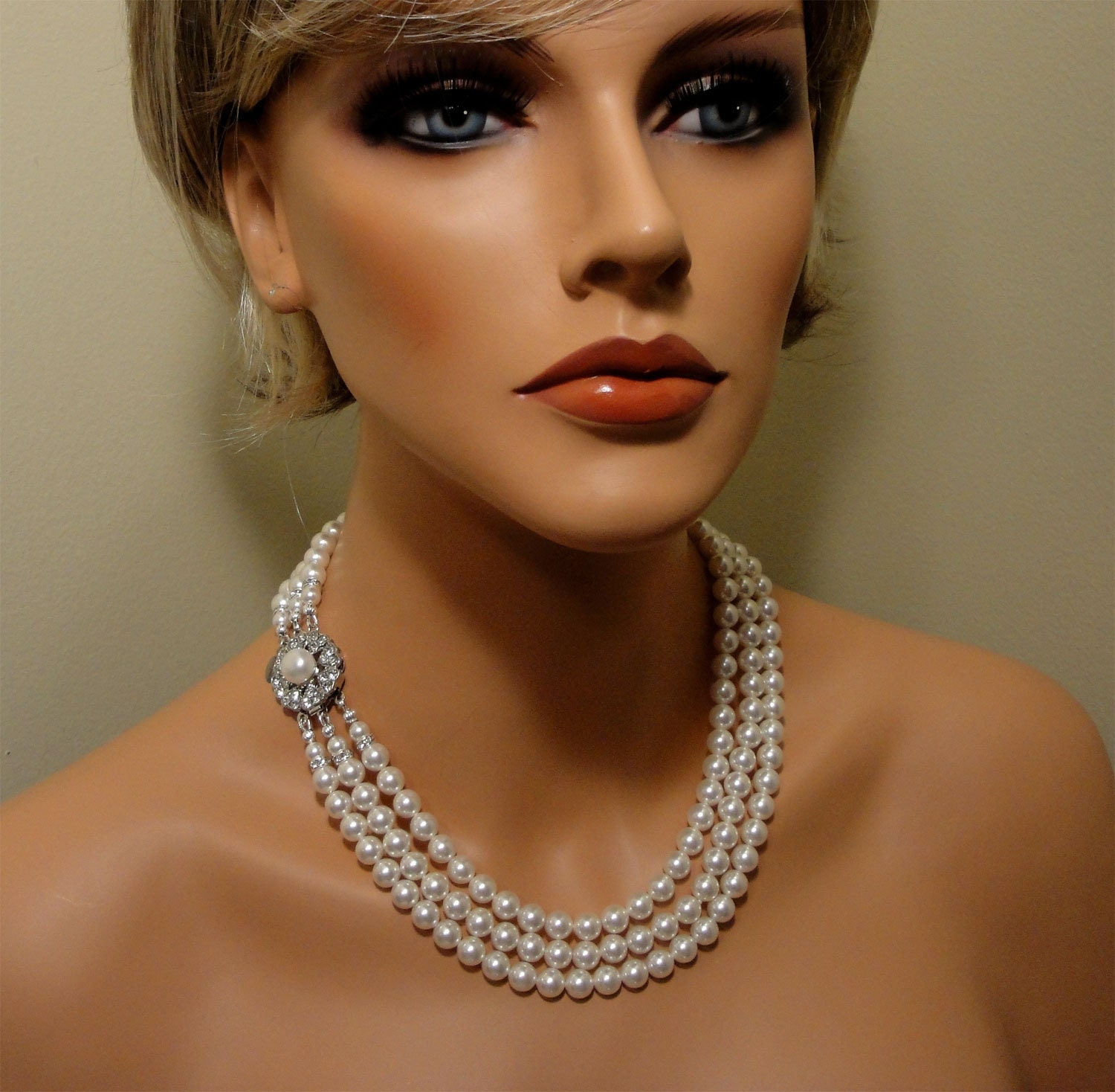 Bridal Pearl Necklace Set vintage style like Jackie O -- Multi Strand of glass pearls in white perfect glamorous wedding jewelry