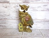 Owl Planter 9" Vintage Desk Organizer Retro Avocado Green, White with Flowers