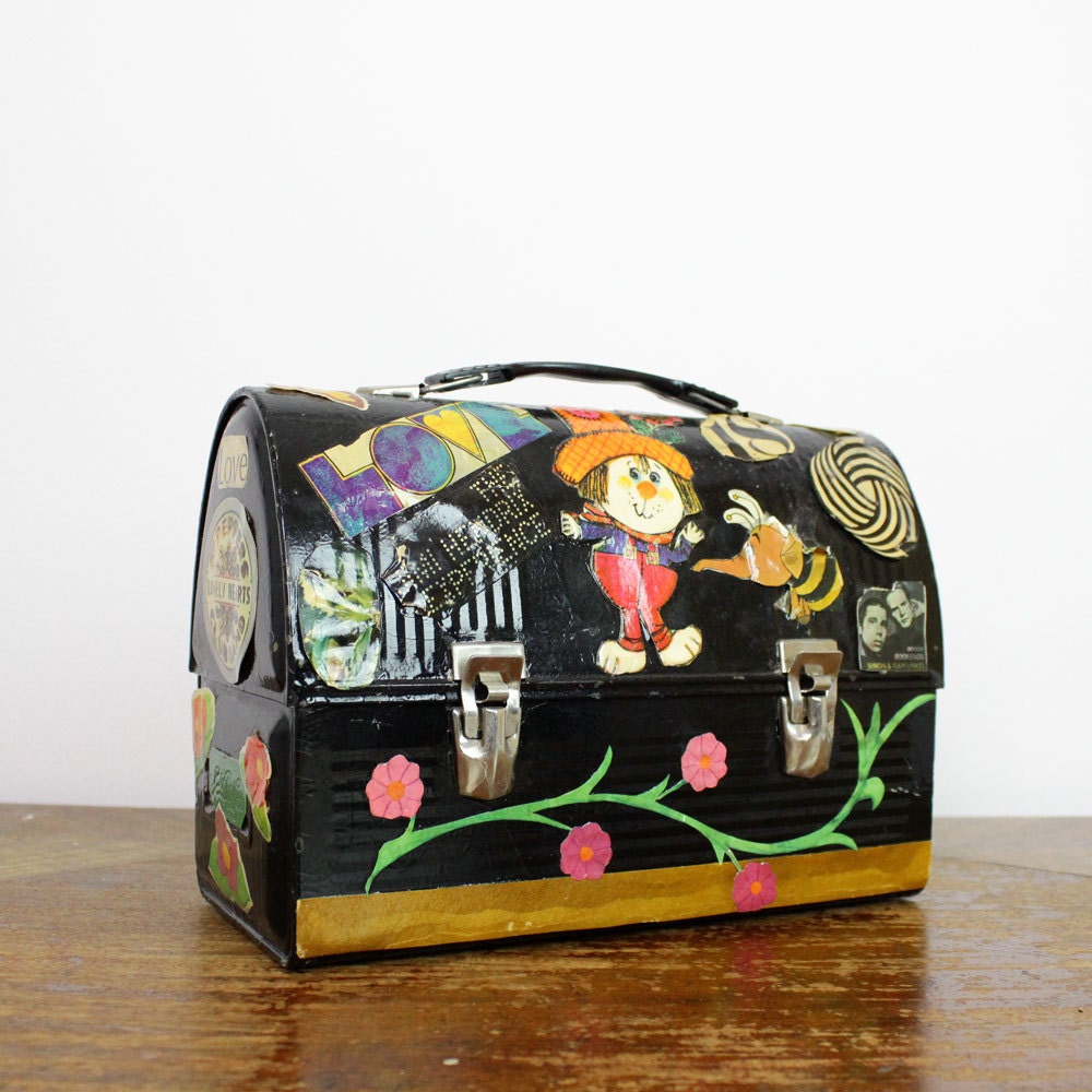 SALE decopauge lunch box / 1960s kitschy collage metal handbag